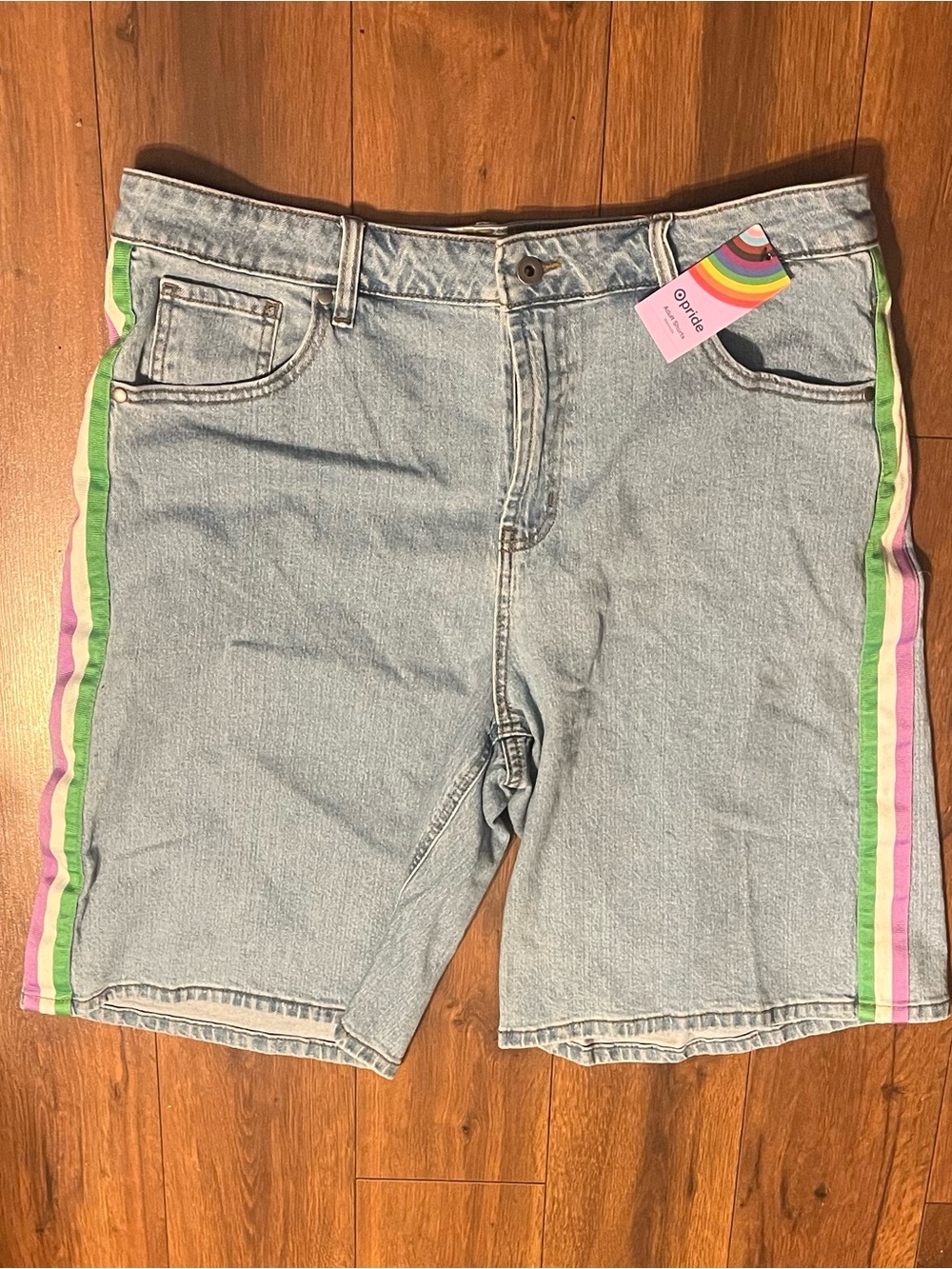 Target Men's Light Blue Denim Shorts with Rainbow Side Stripes